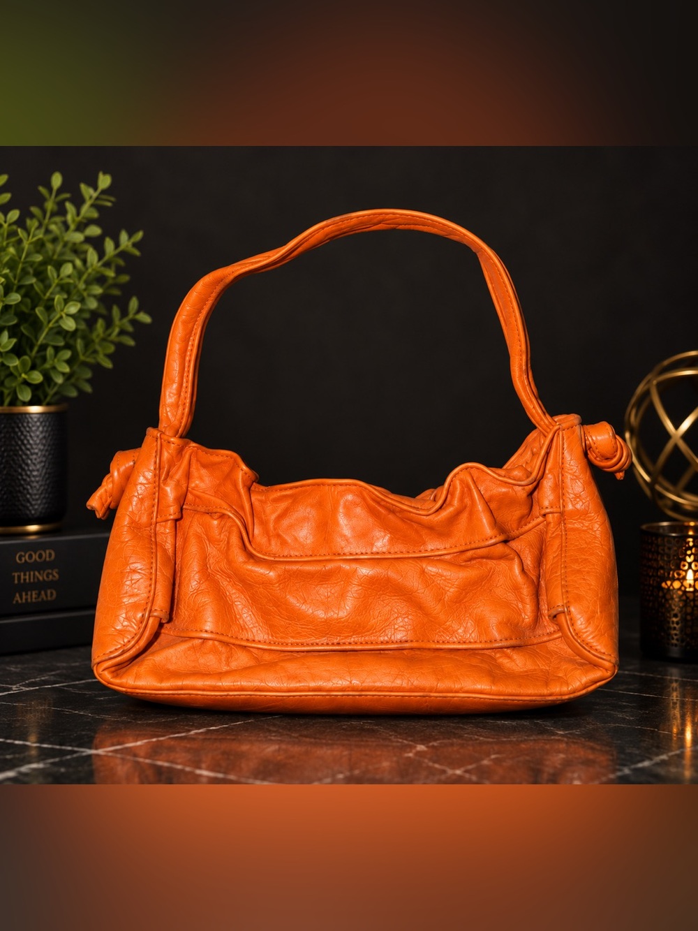 Orange Genuine Leather Slouchy Shoulder Bag | Knotted Hobo Style